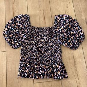 purple floral shirred ruffle blouse